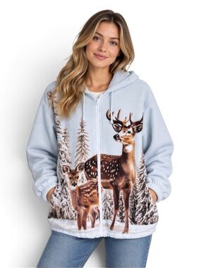 Classic Editions Sherpa-Lined Deer Print Hoodie Jacket with Pockets Size L